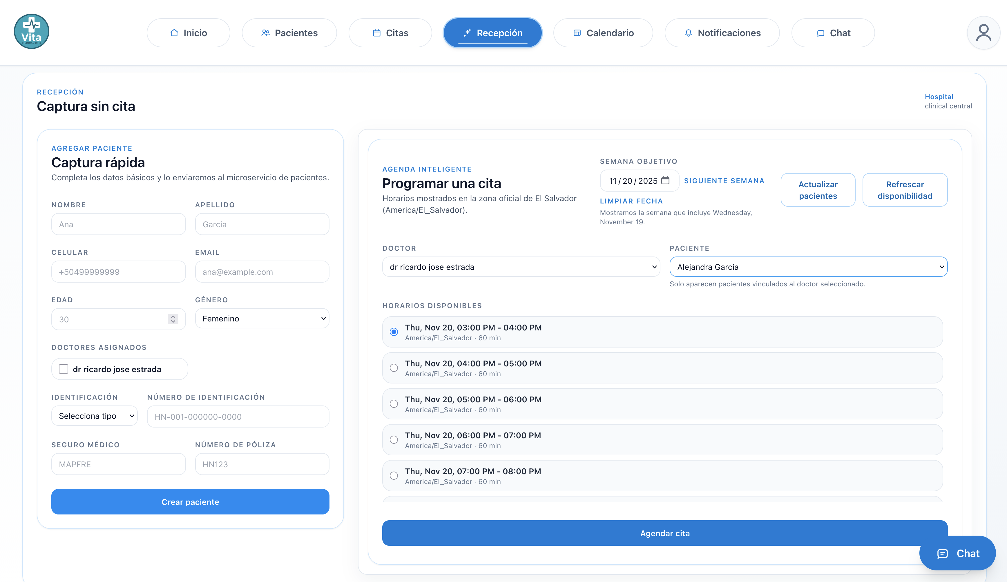 Panel de control del CRM mostrando pacientes